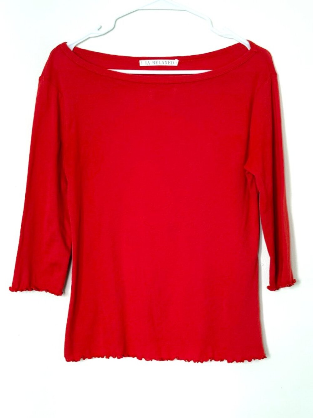 LA Relaxed Organic Cotton Coquette Boat Neck Pointelle 3/4 Sleeve Red Top Size M